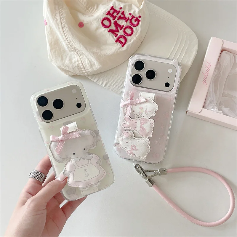 Cute Pink Bow Cartoon Bunny Wrist Strap Clear Phone Case For iPhone 15 16 17 Promax Shockproof Transparent Cover Girls New Gift