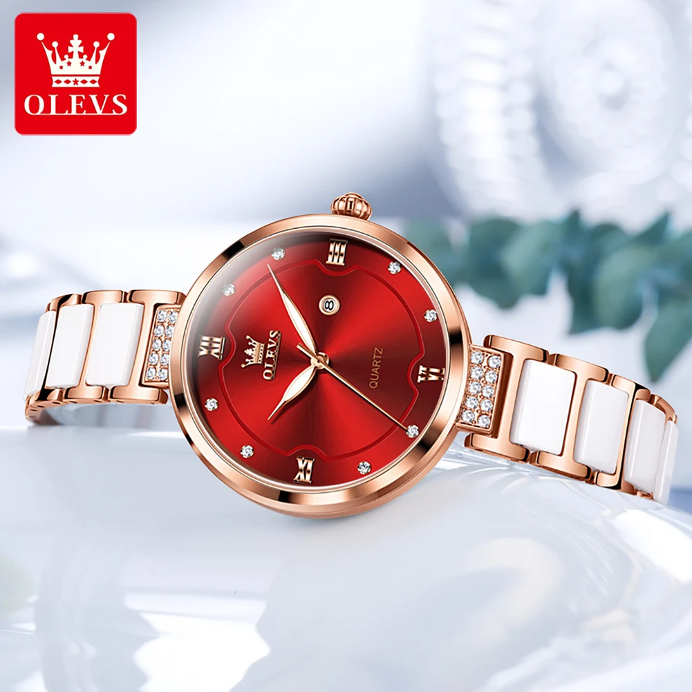 OLEVS 5589 Women Watch Elegant Quartz Watch Ceramic Strap Waterproof Luminous Date Watches For Women Bracelet Set Box Original