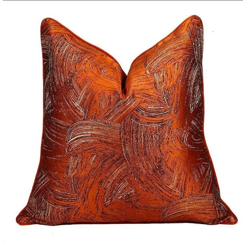 

DUNXDECO Home Cojines Luxury Orange Golden Jacquard Abstract Art Line Cushion Cover 18x18inch Pillow Case Modern Sofa Chair Deco