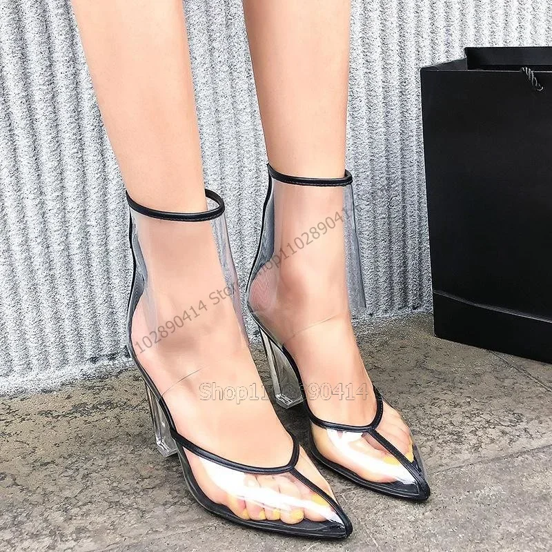 

Black White PVC Pointed Toe Clear Heel Boots Back Zipper Women Shoes Strange Style Heels Fashion Party 2025 Zapatos Para Mujere