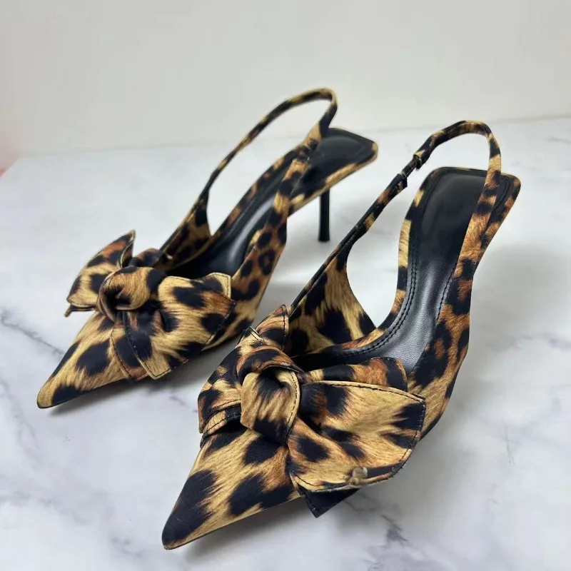 Big Bow Shallow High Heels Sandals for Lady Fashion Pointed Sexy Stiletto Leopard Print Summer Retro Party Luxury Shoes Woman