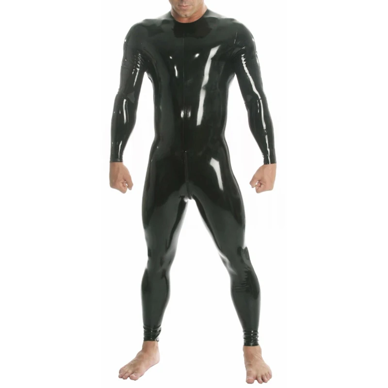 Black Sexy Latex Jumpsuits With Long Sleeves Crotch Zipper 3 PCS Sliders Round Collar Rubber Catsuits Overall Zentai 4XL 018