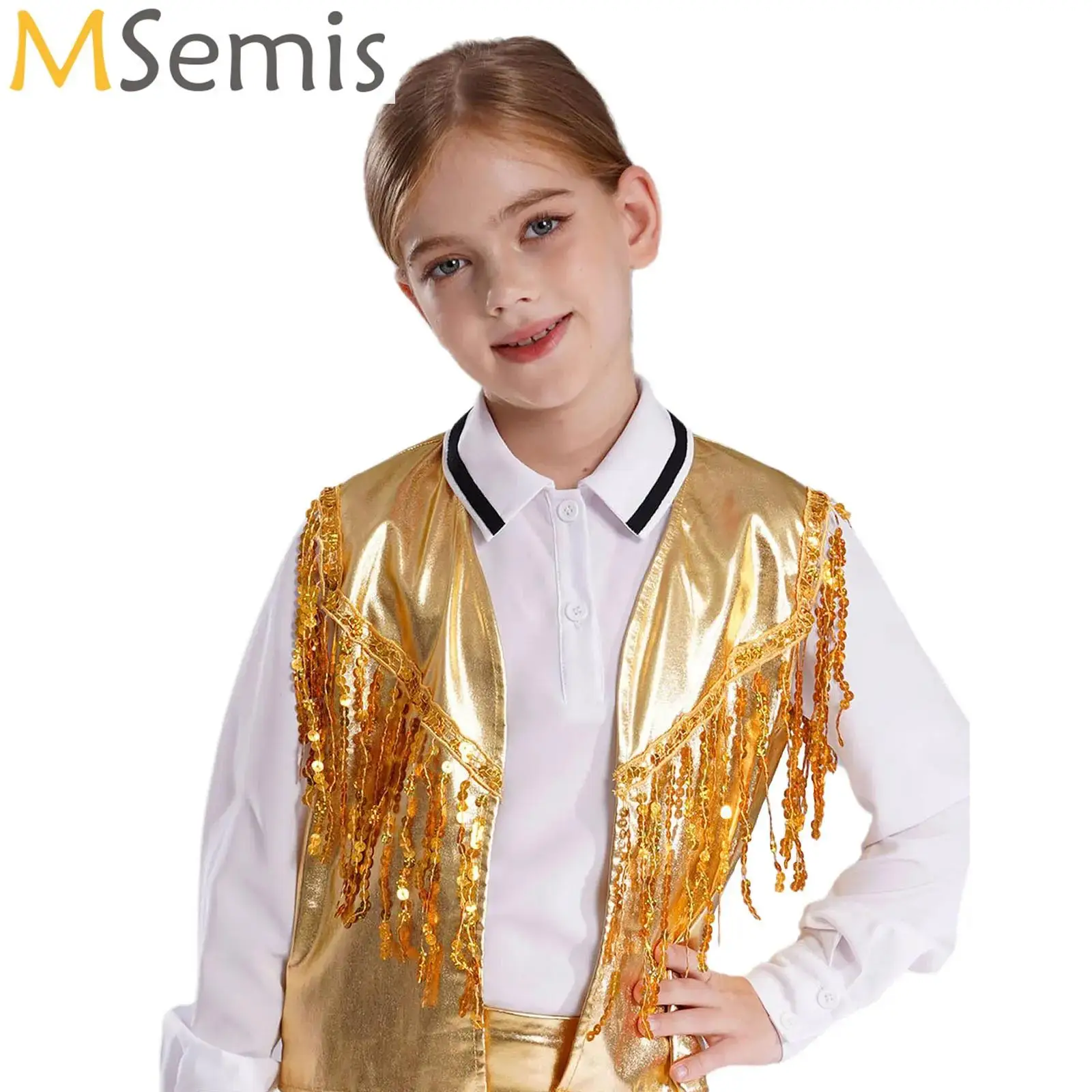 

Girls Sequin Fringe Vest Sleeveless Sparkly Tassel Jacket Glitter Western Cardigan Rave Disco Dance Hippie Top Waistcoat