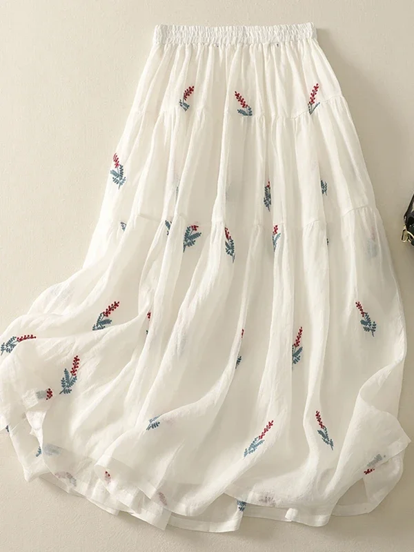 Embroidered Heavy Work A-Line Skirt Large Size Slimming Midi Length Half Body Cotton Liner Cut Out Summer Casual