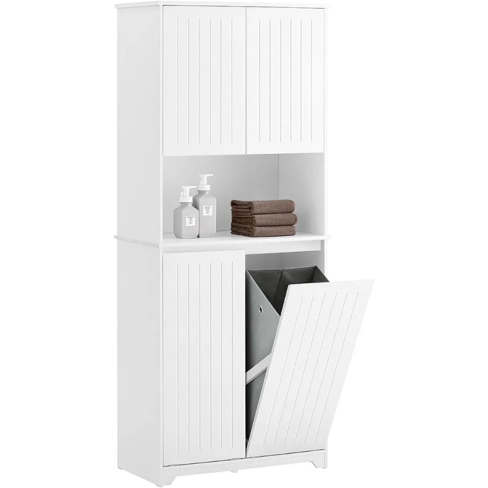 Double Tilt Out Laundry Hamper Cabinet,with Adjustable Shelves and Hidden Pull Out Basket,Tall Bathroom Storage Cabinet