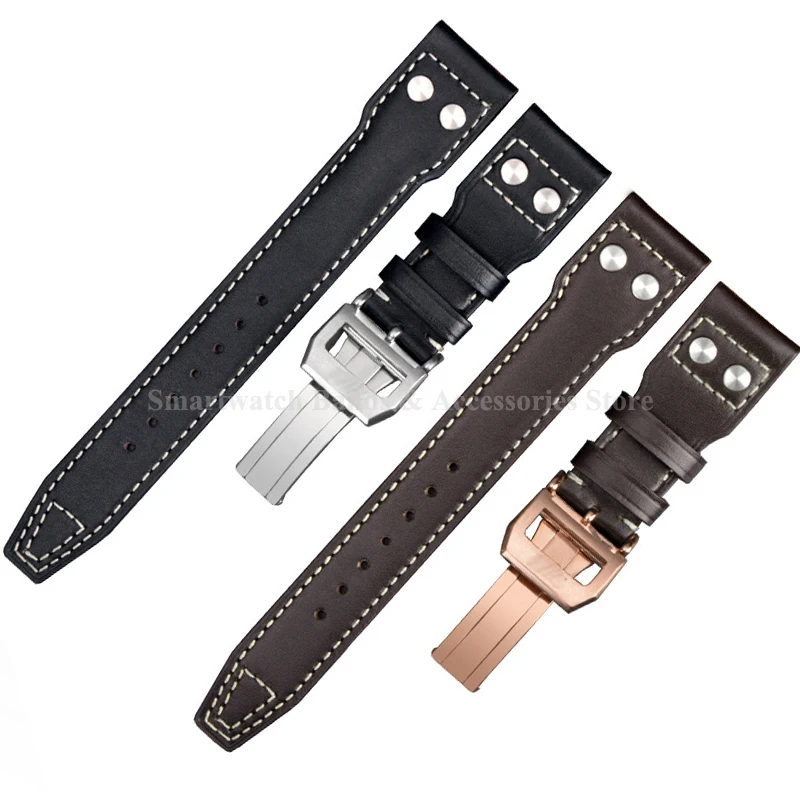 Genuine Leather Strap for IWC Pilot 20mm 21mm 22mm Cowhide Leather Wrist Band Metal Fold Buckle Bracelet Replacement Men Strap