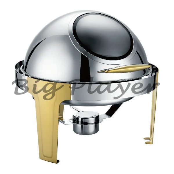 

Golden Luxury Round Visible Hot Pot with Glass Cover 6L Capacity Roll Top Design for Buffet Catering