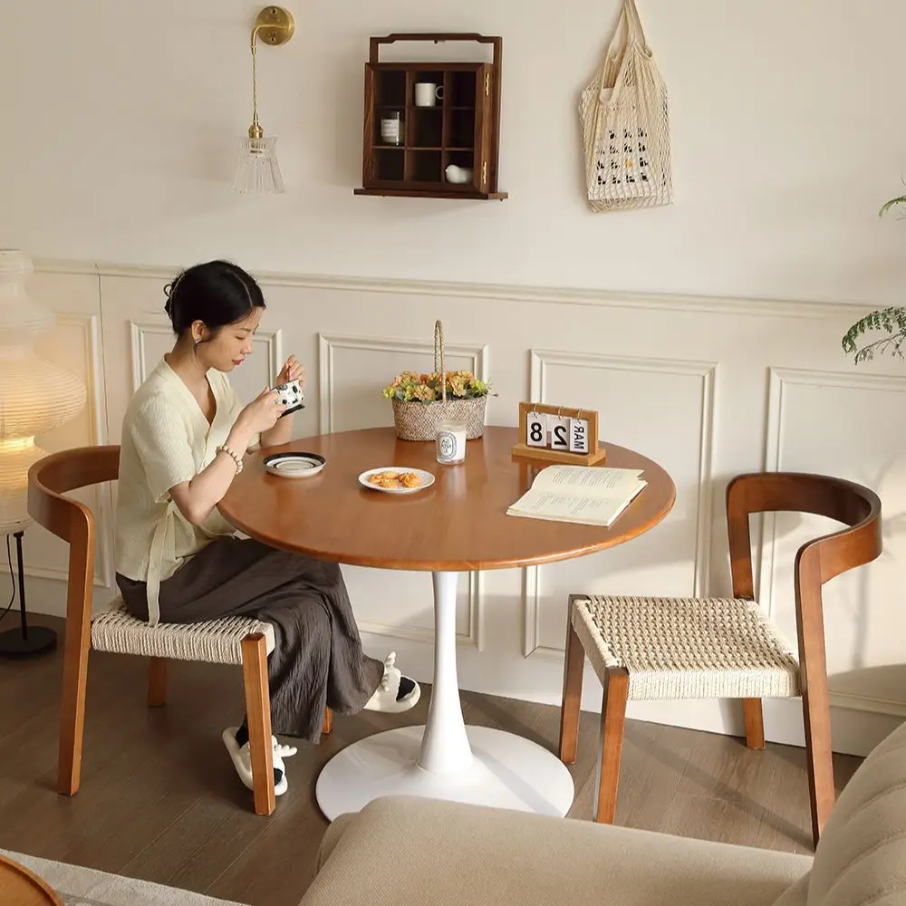

Vintage Solid Wood Dining Chair French Retro Woven Backrest Chair Space-Saving Versatile Furniture Chairs for Kitchen
