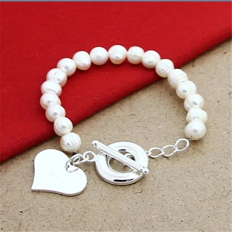 

Natural White 8mm Pearl 925 Sterling Silver Heart Pendant Bracelet For Woman Charm Wedding Engagement Fashion Party Jewelry Gift