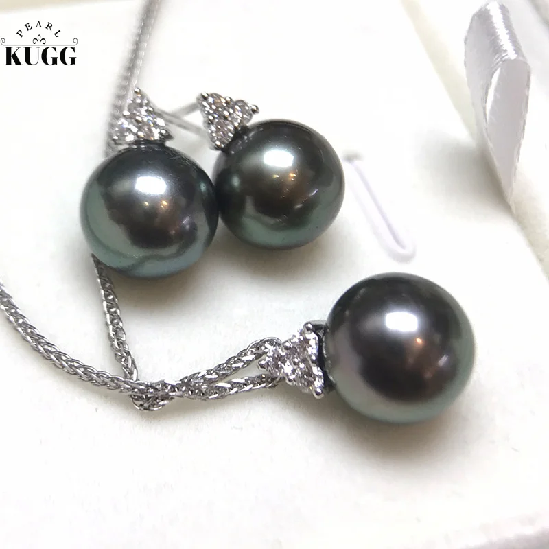 

KUGG PEARL 18K White Gold Earrings 9-10mm Natural Tahitian Black Pearl Stud Earrings and Necklace Wedding Jewelry for Women