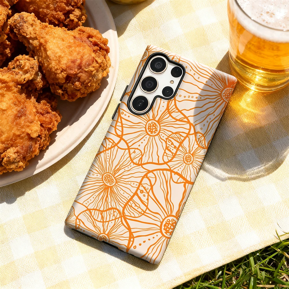 Custodia per telefono floreale arancione per Samsung Galaxy S25 Ultra S24 S23 Ultra Plus Cover posteriore lucida a doppio strato
