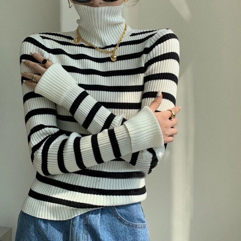 Striped Turtleneck Sweater for Women Slim Pullovers Elegant Autumn Long Sleeve Свитер Ropa Mujer Korean Fashion Knitted Clothing