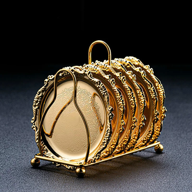 6pc Classical Golden Cocktail Coaster Metal Exquisite Cake Tray SetSilver Plated Mat Placemat Snack Tray Dishes Rack Set
