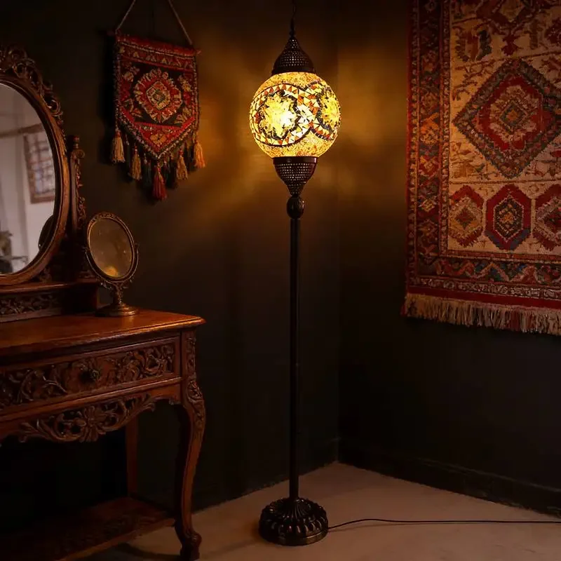 Hotel floor lamp, iron base, handmade, 1 ball, colorful Moroccan Tiffany style mosaic upright lamp