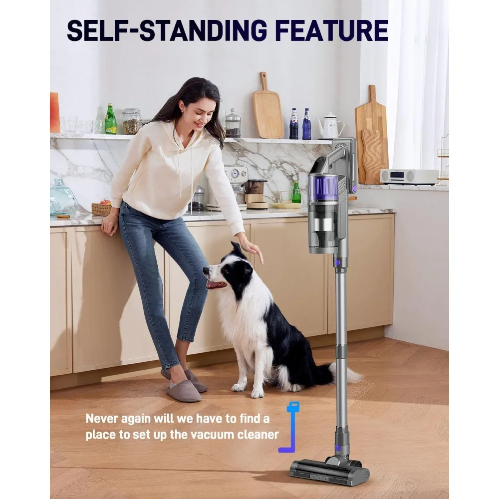 مكنسة كهربائية لاسلكية، مكانس كهربائية للمنزل، 45KPA 550W عصا محمولة محمولة 60 دقيقة وقت التشغيل بطارية قابلة للشحن للحيوانات الأليفة