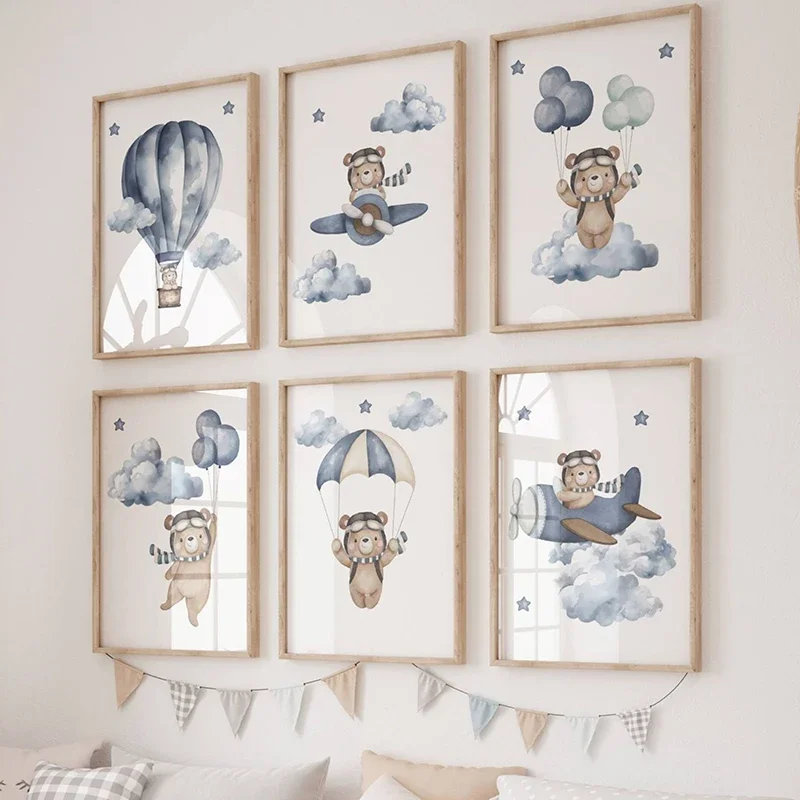 Cute Teddy Bear Space Travelling Balloon Nursery Wall Art Posters and Prints Canvas Paintings for Baby Kids Boys Bedroom Decor