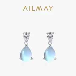 Ailmay 925 Sterling Silver Elegant Moonstone Teardrop Shaped Earrings For Women Wedding Engagement Bridal Jewelry