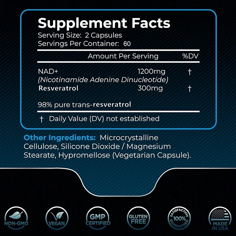 NAD + Resveratrol - Support Cell Regeneration, Natural Energy, Focus and Memory