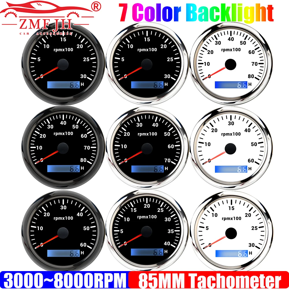 ZMFJH 3000~8000RPM 85MM Tachometer with Hourmeter 7 Color Light for 4-12 Cylinder Marine Boat Yacht Auto Car 12V24V Waterproof