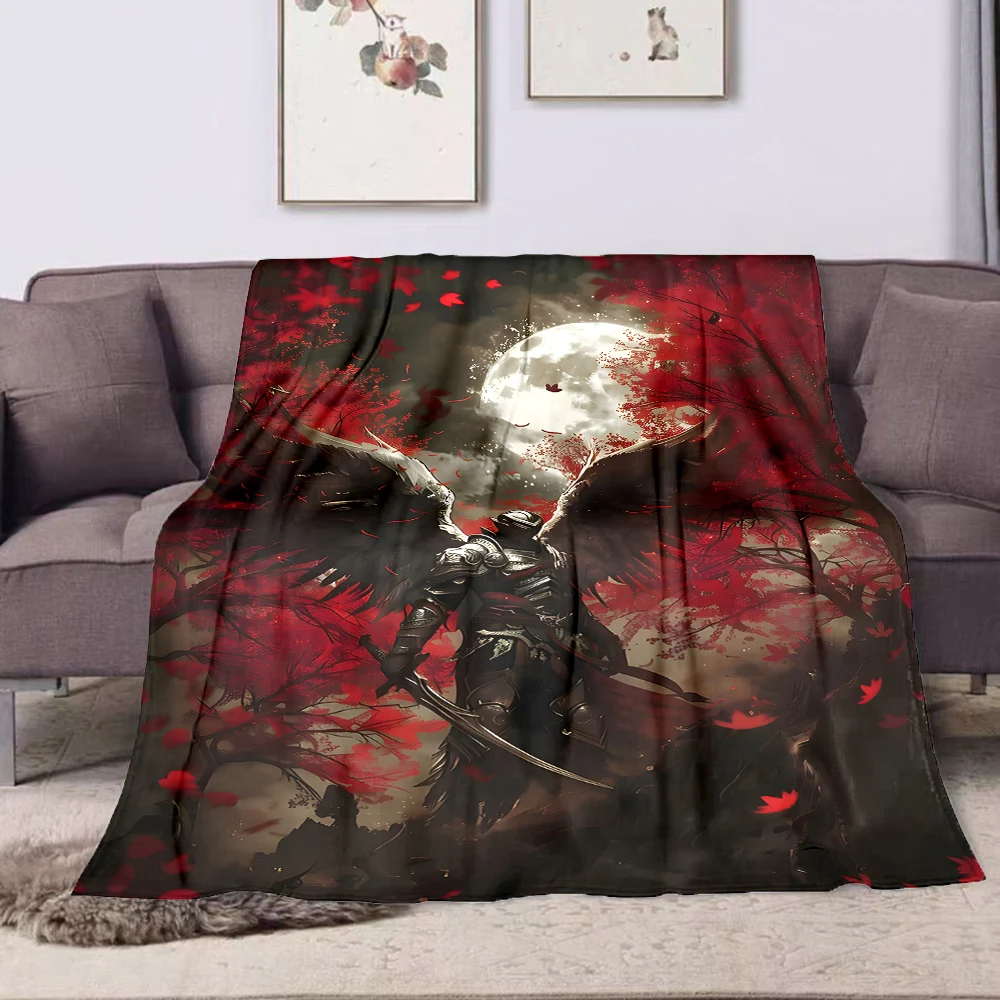 1PC Black armored angel moon night printed blanket all seasons multi-purpose blanket suitable for sofa, camping, travel, car