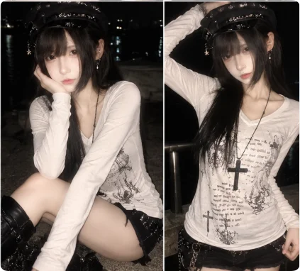 Women Gothic Cross Print V Neck Long Sleeve T Shirt Vintage Grunge Script Pattern Slim Fit Y2K Streetwear Fall Basic Tee
