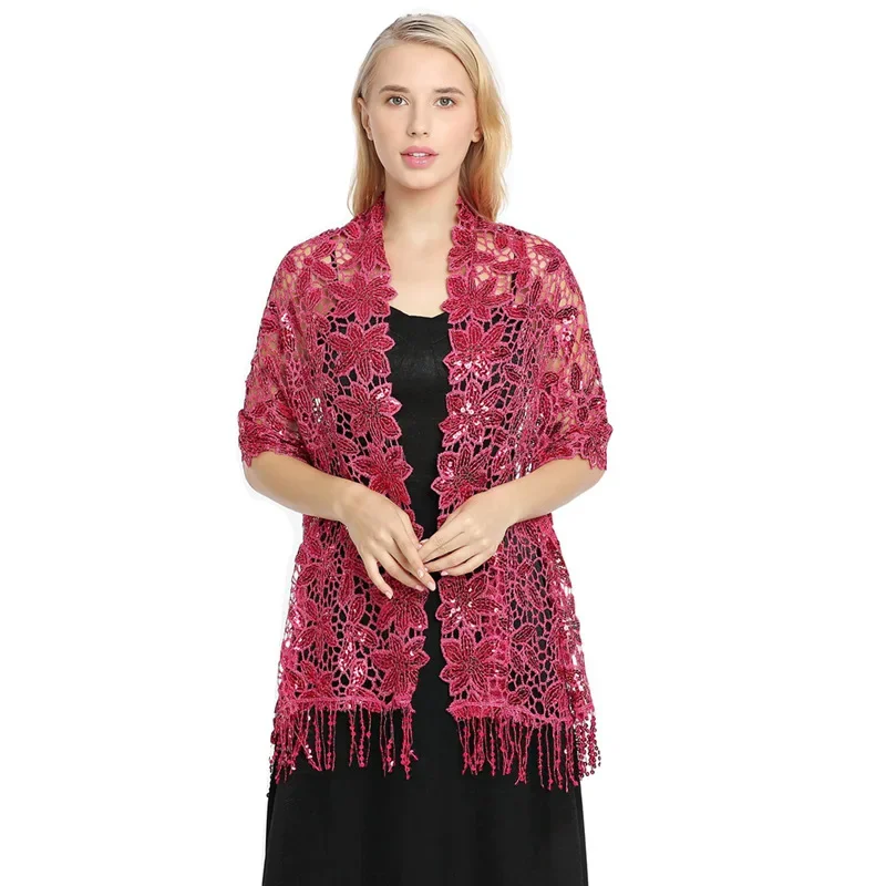 Spring Autumn New Sequin Tassel Shawl Cape European American Dinner Party Cheongsam Shawl High-end Shawl Woman Cloak Rose Red