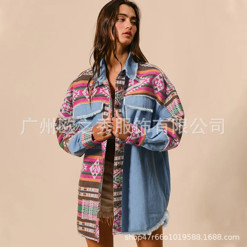 Femmes Denim veste manteau Patchwork simple boutonnage col rabattu Vintage lavé poches vêtements d'extérieur Streetwear automne 2025