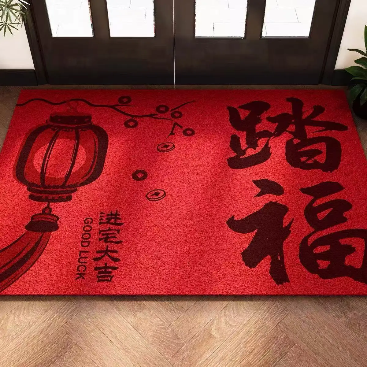 

Новогодний красный шелковый круглый придверный коврик, настраиваемый, для входной двери, домашний декор, для празднования новоселья, грязезащитный ковер