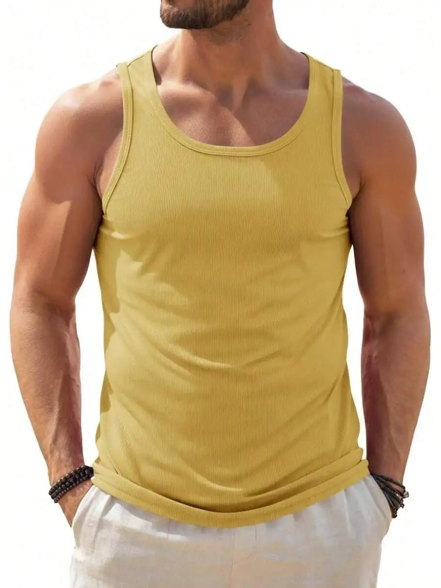 

Mens Sleeveless Ribbed Vest Round Neck Slim Fit Sport Fitness Top
