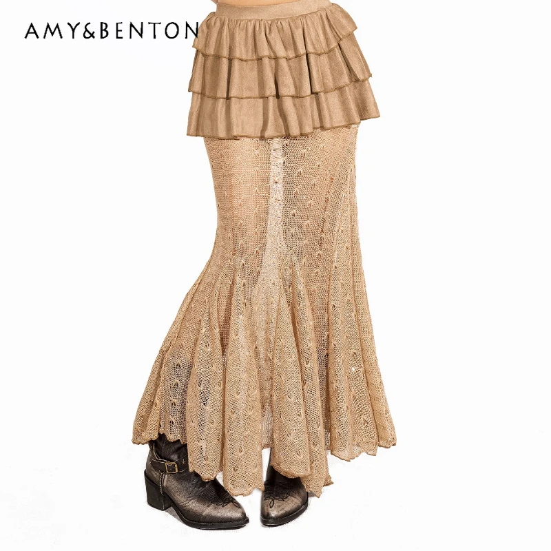 

2025 Autumn New Brown Knitted Splicing Women's Half Skirt American Retro Design Brushed Frill Hot Girl Mermaid Skirts Ladies