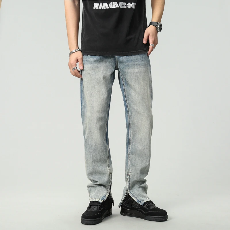 

Micro Elasticity Denim Zipper Split Fork Jeans Men's American Streetwear Fashion High Street Hip Hop Jeans Pants Trousers