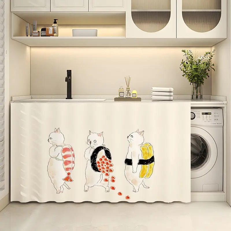 VIKAMA Cute Sushi Cat Cartoon Magic Tape Counter Curtain No Drill Sink Laundry Cabinet Dust Cover Decor