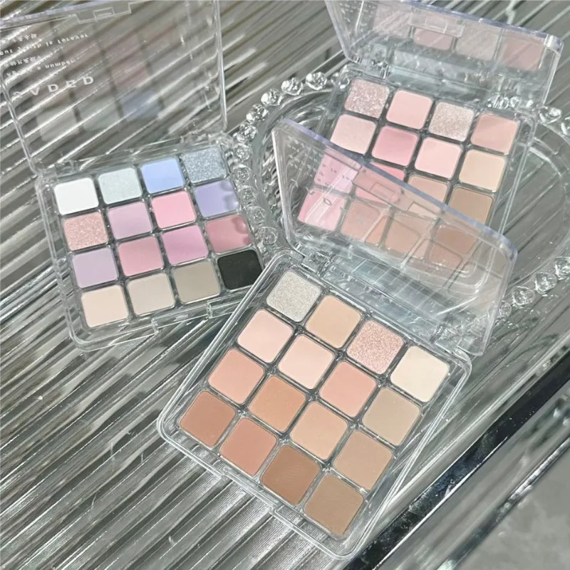 Paleta de sombras de ojos con purpurina nacarada, azul mate, rosa, maquillaje de ojos encantador coreano, pigmentos brillantes duraderos de 16 colores, cosméticos