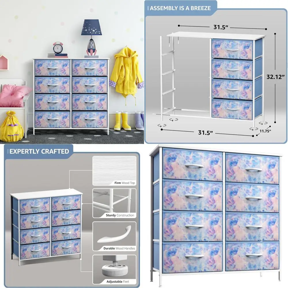 

8-Drawer Storage Chest Unit for Home and Office, Steel Frame with Wooden Top, Easy Pull Fabric Bins, Blue