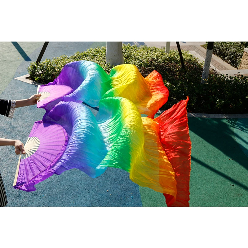 High Quality Chinese Silk Belly Dance Fan 100% Real Silk 120cm/150cm/180cm Rainbow Striped Fan Wholesale Handmade Dance Props