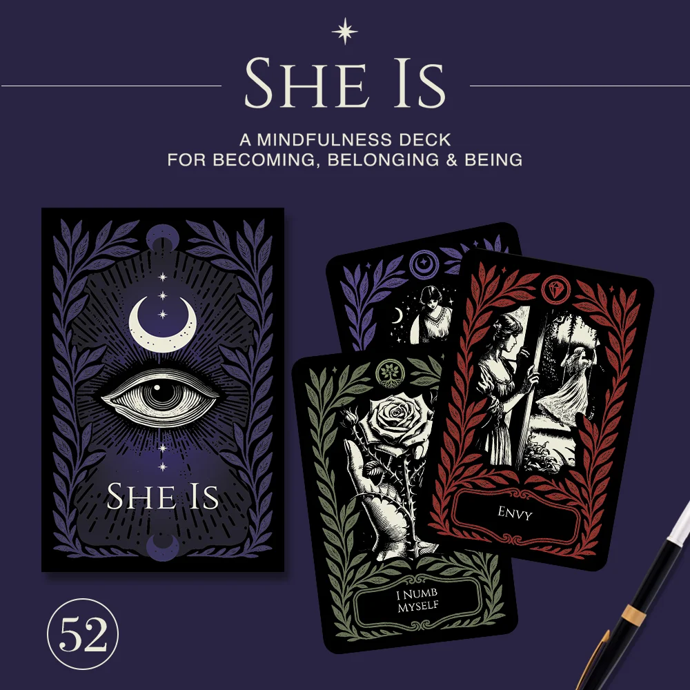 

1pcs 52 Pieces She Is Oracle Cards Vintage Dark Art Women Affirmation Deck Positive Self-Love Guidance Cards For Daily Reflection Mindfulness Meditation Inner Growth & Spiritual Self-Healing Practice