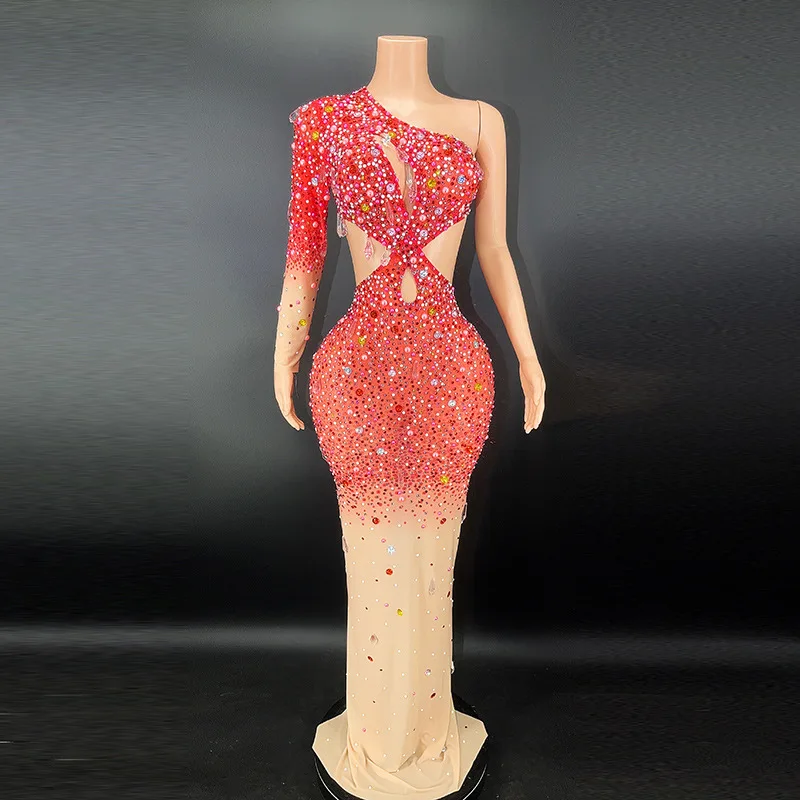 

Sexy Sparkly Rhinestones Colorful Dress Mesh Transparent Photoshoot Stage Celebrate Evening Wedding Prom Gown Birthday Dress