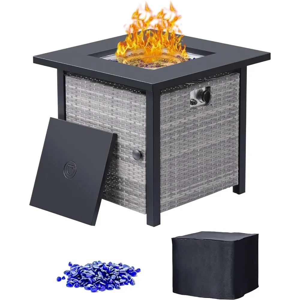 32Inch Fire Pit Table with Steel Lid, PVC Cover & Blue Fire Glass, CSA Safety Certified, 50,000 BTU Gas Fire Pit