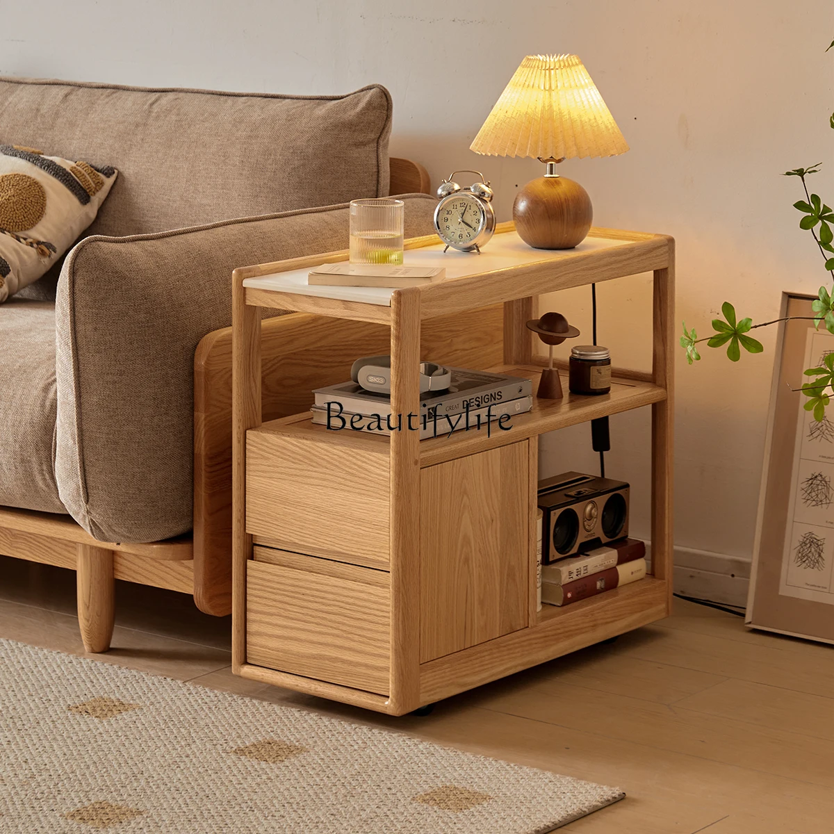 

All solid wood sofa side few mobile narrow rock slab side cabinet small apartment living room