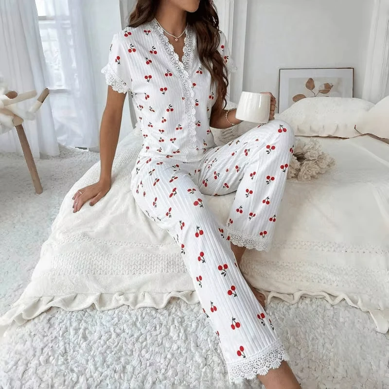 Lace Trim Women Pajama Set Short Sleeve Front Button Top & Full-Length Pants Cherry Print 2 Pieces Sleepwear Nightwear Homewear