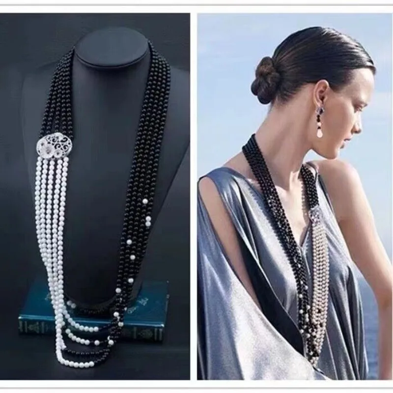 Five strand natural genuine black agate white south sea pearl necklace  clover necklace  silver 925 jewelry  jade necklace