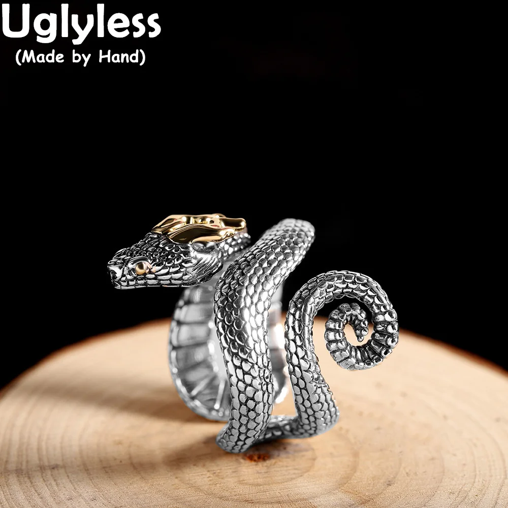 Uglyless Exaggerated Men Animals Jewelry Real 925 Sterling Silver Dragon Snake Rings Cool Wide Big 2 Snakes Rings Thai Silver