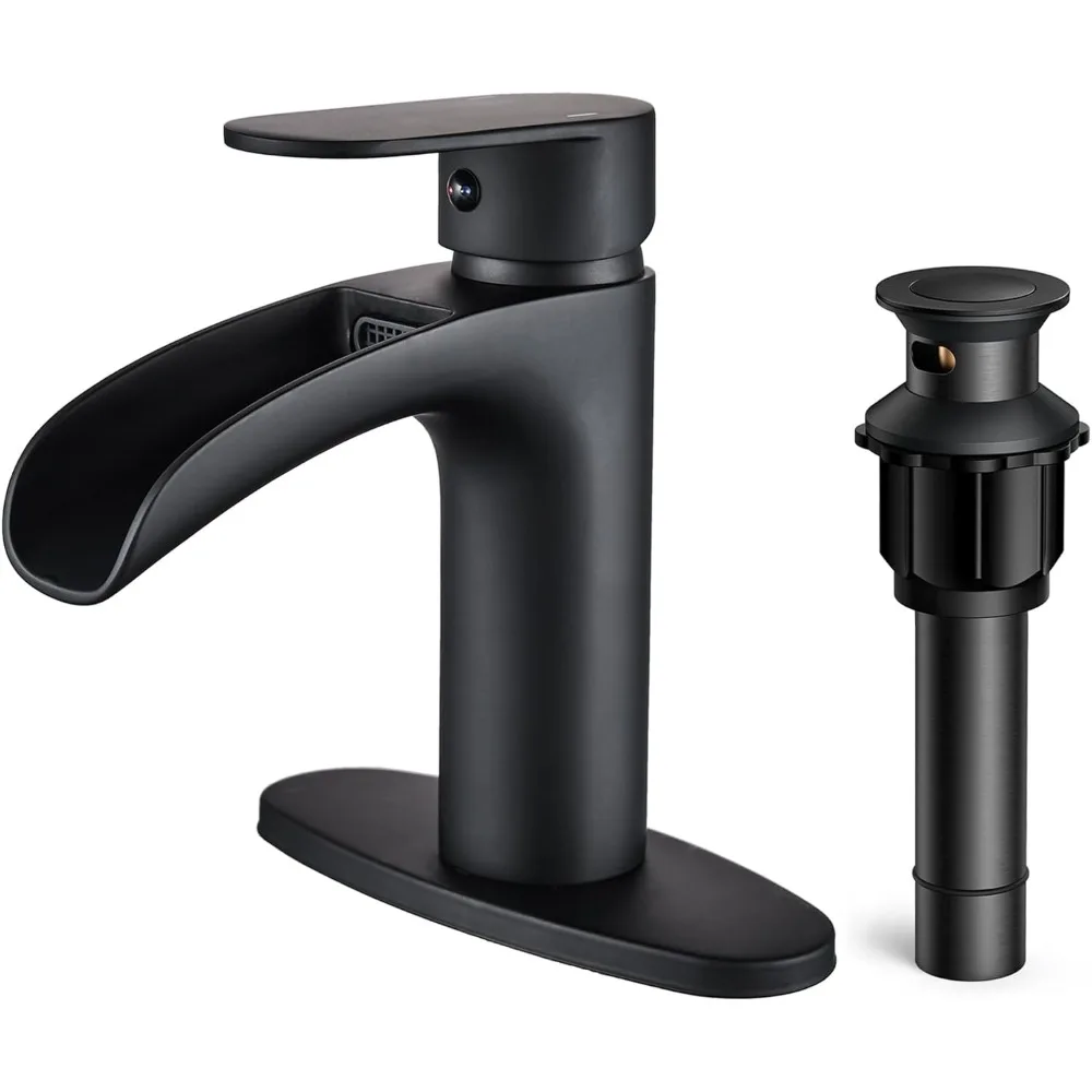 Black Waterfall Bathroom Faucet Single Handle, Single Hole Bathroom Faucets with Metal Pop up Drain, 6 inch Matte Black