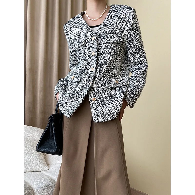 

Casual Fashion V-neck Tweed Coat Female Small Fragrance Long Sleeve Loose Korean Vintage Wine Office Wool Coat Women Mujer 1707