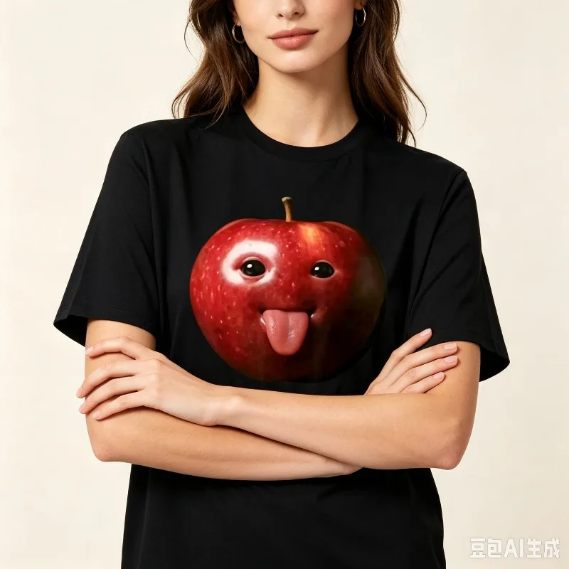 Funny Sticking Tongue Out Red Apple Face Print T‑Shirt Women Modal Fabric Loose Crew Neck Tee Streetwear Casual Daily Party Top
