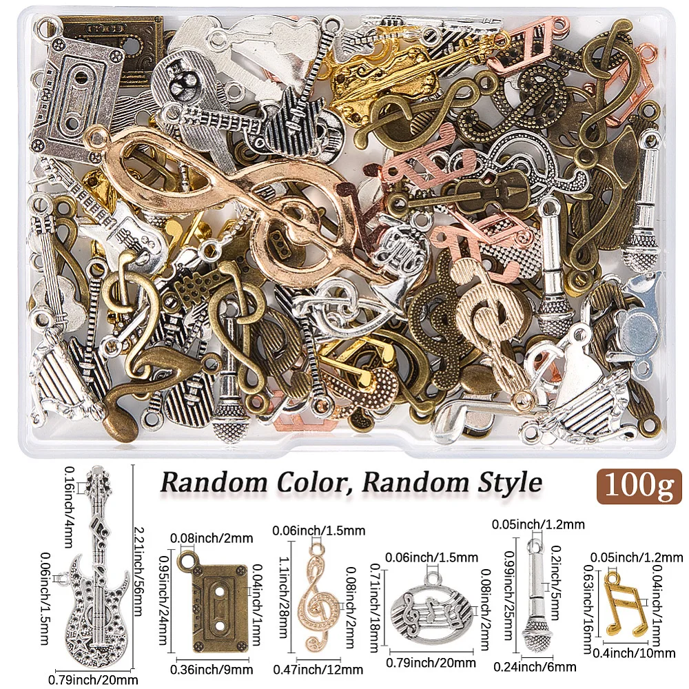 1 Box 100g Gold Music Note Charms Bulk Musical Instrument Charm Alloy Silver Bronze Microphone Tape Guitar Charms for Jewelry