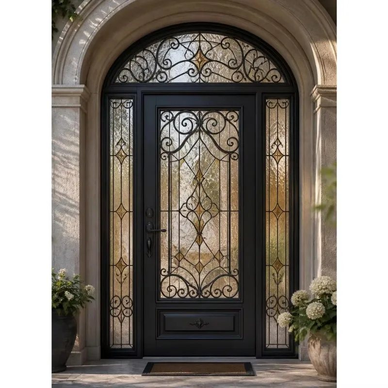 Georgia Wrought Iron Entrance Door Scroll Grille Glass With Sidelights & Arched Transom For Stone Villa Facade