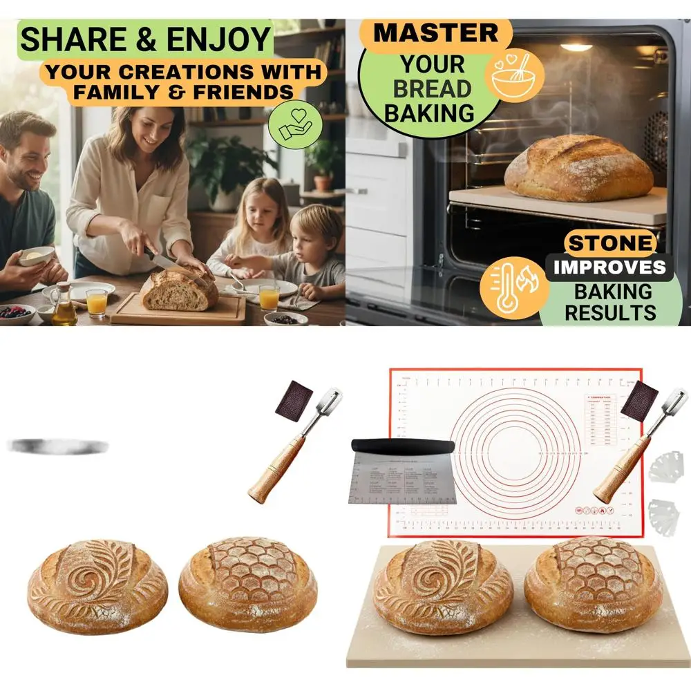 

Large Rectangular Baking Stone 20x13.5 with Stainless Steel Dough Tools & Bread Knife for Scoring