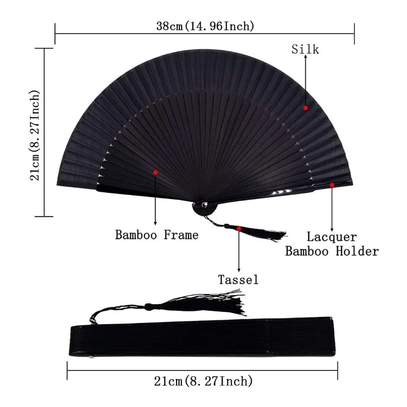 8.27-inch (21 Cm) Handheld Bamboo Silk Folding Fan, Chinese/Japanese Charming Elegant Vintage Style