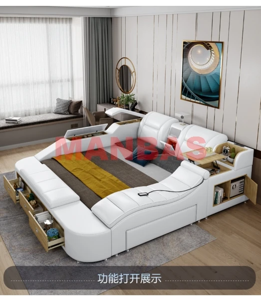 Linlamlim Modern Multifunctional Tech Smart Bed with Storage, Massage Recliner, Bluetooth Speakers, USB, Projector & Bookshelves